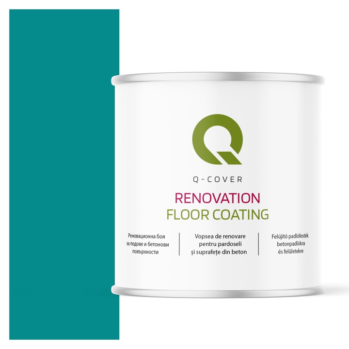 Vopsea de renovare pentru pardoseli si suprafete din beton, Q-Cover, Albastru turcoaz RAL5018, satin, rezistenta la abraziune, zgarieturi si uzura, rezistenta la UV, elastica, culoare de lunga durata, 2.5L