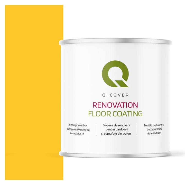 Vopsea de renovare pentru pardoseli si suprafete din beton, Q-Cover, Galben rutier RAL 1023, satin, rezistenta la abraziune, zgarieturi si uzura, rezistenta la UV, elastica, culoare de lunga durata, 2.5L