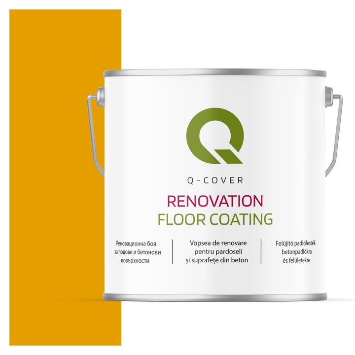 Vopsea de renovare pentru pardoseli si suprafete din beton, Q-Cover, Galben auriu RAL1004, mat, rezistenta la abraziune, zgarieturi si uzura, rezistenta la UV, elastica, culoare de lunga durata, 5L