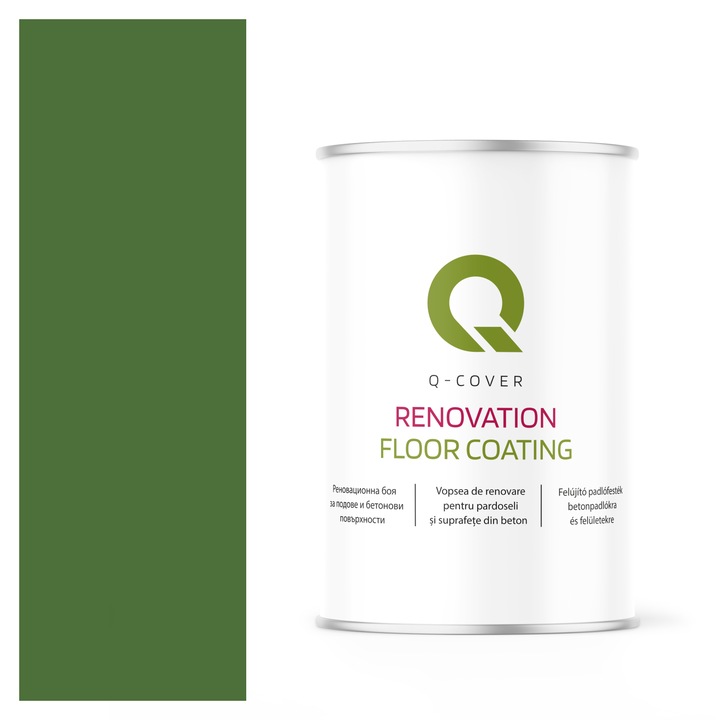 Vopsea de renovare pentru pardoseli si suprafete din beton, Q-Cover, Verde ierbos RAL6010, Semi-mat, rezistenta la abraziune, zgarieturi si uzura, rezistenta la UV, elastica, culoare de lunga durata, 1L