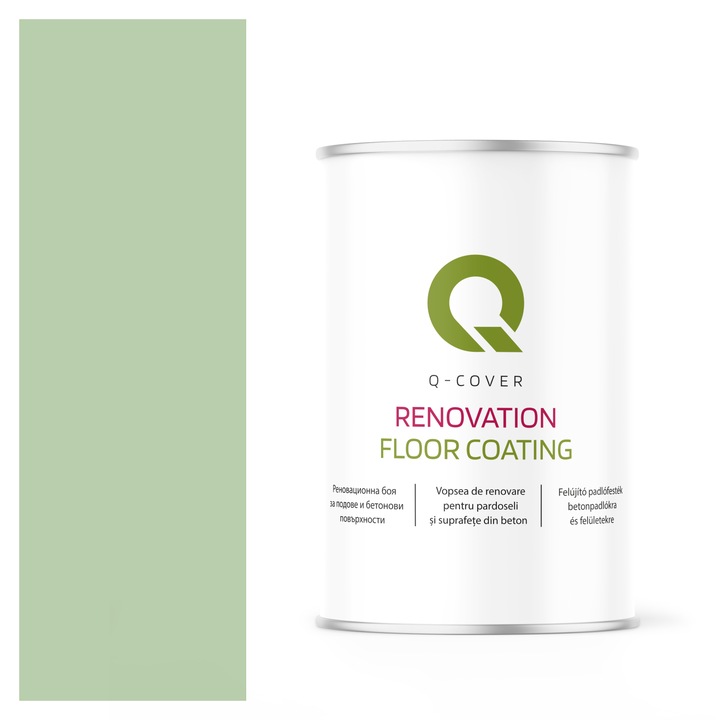 Vopsea de renovare pentru pardoseli si suprafete din beton, Q-Cover, Verde pastel RAL6019, mat, rezistenta la abraziune, zgarieturi si uzura, rezistenta la UV, elastica, culoare de lunga durata, 1L