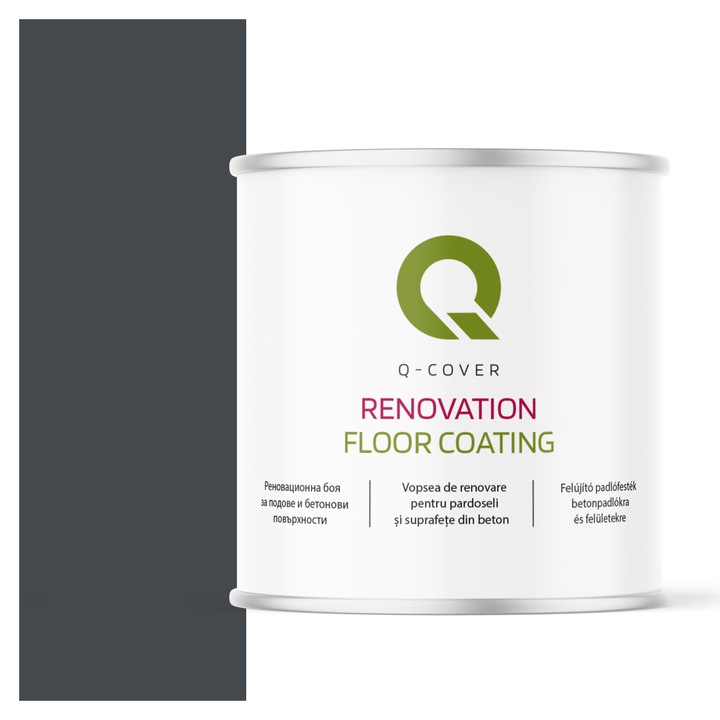 Vopsea de renovare pentru pardoseli si suprafete din beton, Q-Cover, Grafit RAL7024, mat, rezistenta la abraziune, zgarieturi si uzura, rezistenta la UV, elastica, culoare de lunga durata, 2.5L