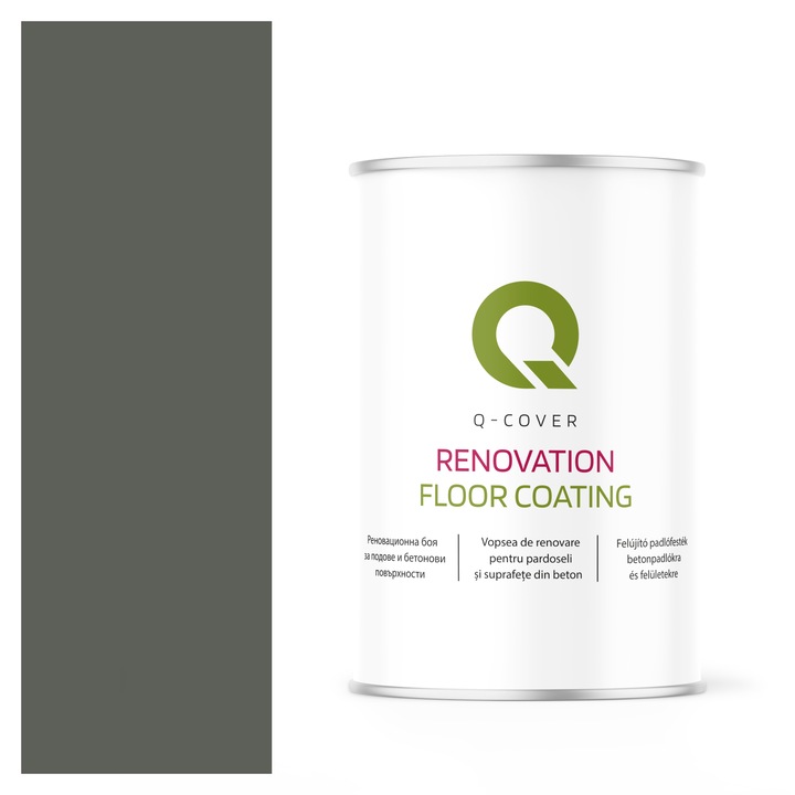 Vopsea de renovare pentru pardoseli si suprafete din beton, Q-Cover, Gri-verzui RAL7009, mat, rezistenta la abraziune, zgarieturi si uzura, rezistenta la UV, elastica, culoare de lunga durata, 1L