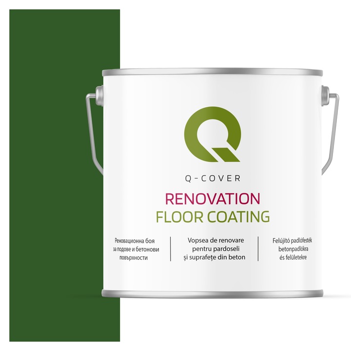 Vopsea de renovare pentru pardoseli si suprafete din beton, Q-Cover, Verde frunza RAL6002, mat, rezistenta la abraziune, zgarieturi si uzura, rezistenta la UV, elastica, culoare de lunga durata, 5L