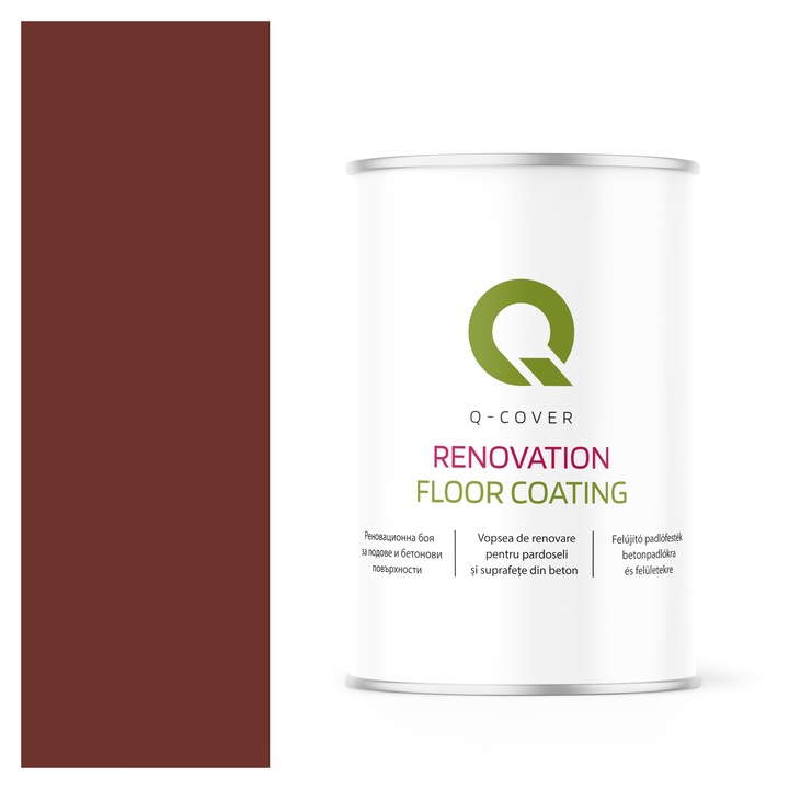 Vopsea de renovare pentru pardoseli si suprafete din beton, Q-Cover, Visiniu RAL3009, luciu ridicat, rezistenta la abraziune, zgarieturi si uzura, rezistenta la UV, elastica, culoare de lunga durata, 1L