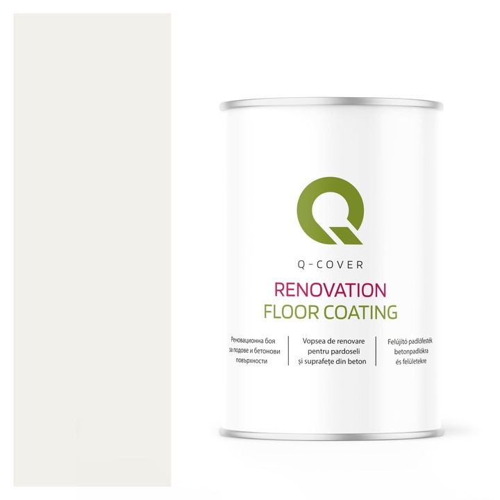 Vopsea de renovare pentru pardoseli si suprafete din beton, Q-Cover, Alb de trafic RAL9016, luciu ridicat, rezistenta la abraziune, zgarieturi si uzura, rezistenta la UV, elastica, culoare de lunga durata, 1L