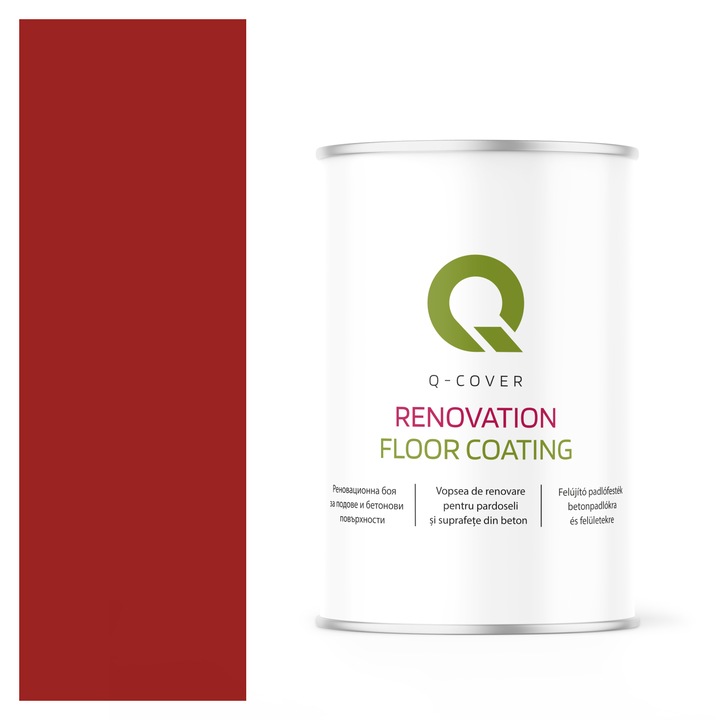 Vopsea de renovare pentru pardoseli si suprafete din beton, Q-Cover, Rosu carmin RAL3002, satin, rezistenta la abraziune, zgarieturi si uzura, rezistenta la UV, elastica, culoare de lunga durata, 1L