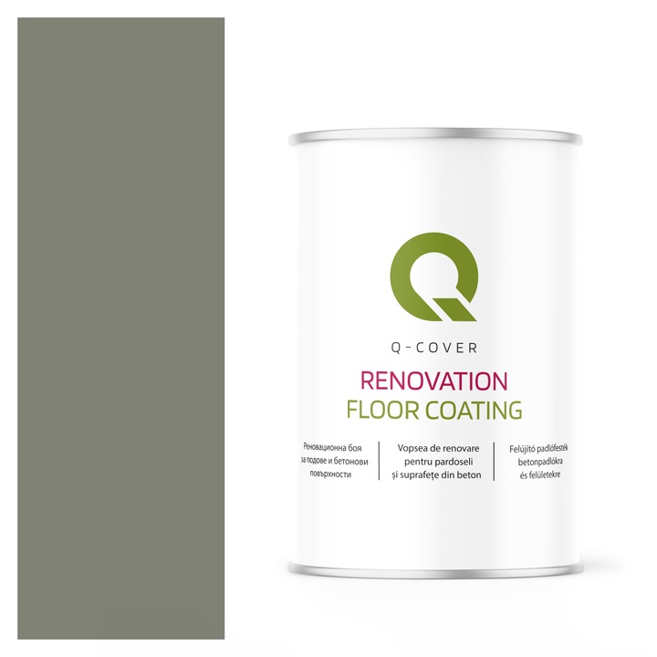 Vopsea de renovare pentru pardoseli si suprafete din beton, Q-Cover, Gri ciment deschis RAL7033, Semi-mat, rezistenta la abraziune, zgarieturi si uzura, rezistenta la UV, elastica, culoare de lunga durata, 1L