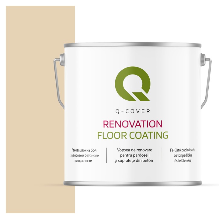 Vopsea de renovare pentru pardoseli si suprafete din beton, Q-Cover, Bej cremos RAL1015, luciu ridicat, rezistenta la abraziune, zgarieturi si uzura, rezistenta la UV, elastica, culoare de lunga durata, 5L