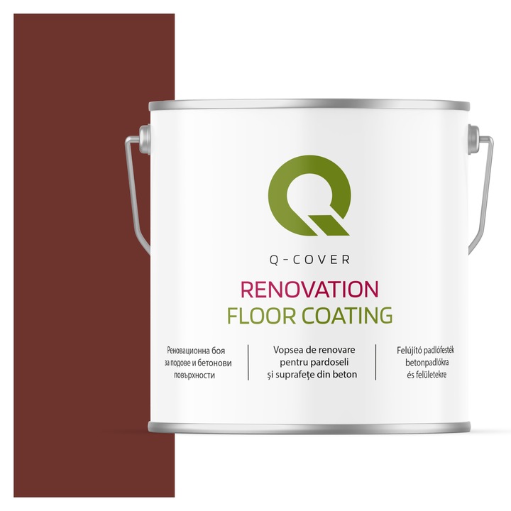 Vopsea de renovare pentru pardoseli si suprafete din beton, Q-Cover, Visiniu RAL3009, Semi-mat, rezistenta la abraziune, zgarieturi si uzura, rezistenta la UV, elastica, culoare de lunga durata, 5L