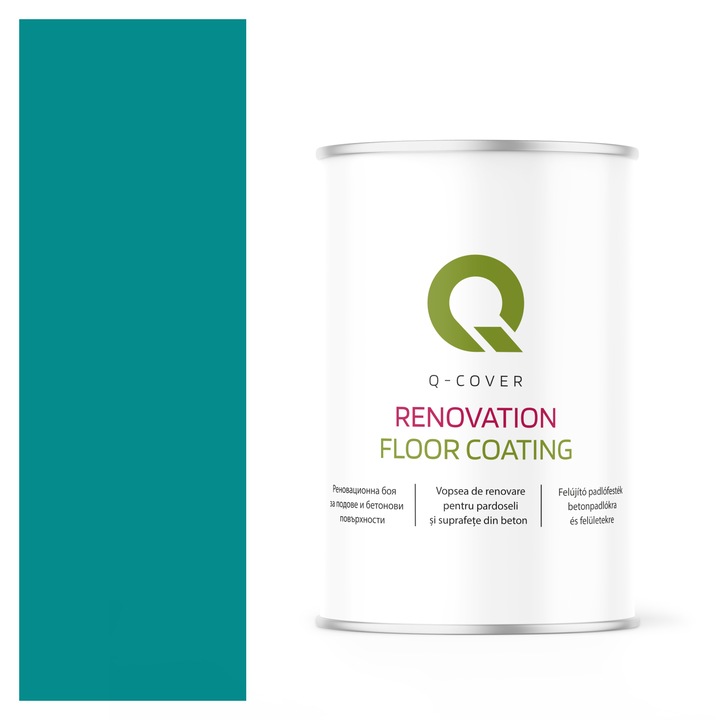Vopsea de renovare pentru pardoseli si suprafete din beton, Q-Cover, Albastru turcoaz RAL5018, mat, rezistenta la abraziune, zgarieturi si uzura, rezistenta la UV, elastica, culoare de lunga durata, 1L