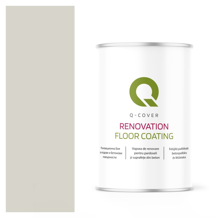 Vopsea de renovare pentru pardoseli si suprafete din beton, Q-Cover, Alb si gri RAL9002, satin, rezistenta la abraziune, zgarieturi si uzura, rezistenta la UV, elastica, culoare de lunga durata, 1L