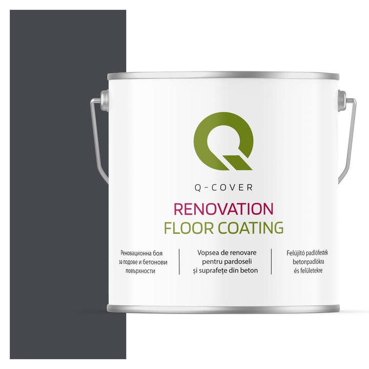 Vopsea de renovare pentru pardoseli si suprafete din beton, Q-Cover, Grafit RAL7024, mat, rezistenta la abraziune, zgarieturi si uzura, rezistenta la UV, elastica, culoare de lunga durata, 5L