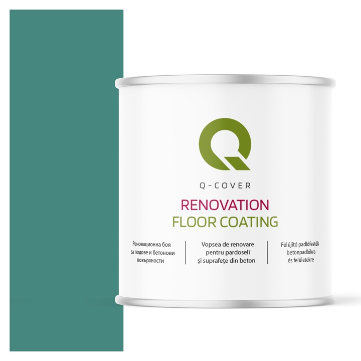 Vopsea de renovare pentru pardoseli si suprafete din beton, Q-Cover, Turcoaz menta RAL6033, luciu ridicat, rezistenta la abraziune, zgarieturi si uzura, rezistenta la UV, elastica, culoare de lunga durata, 2.5L