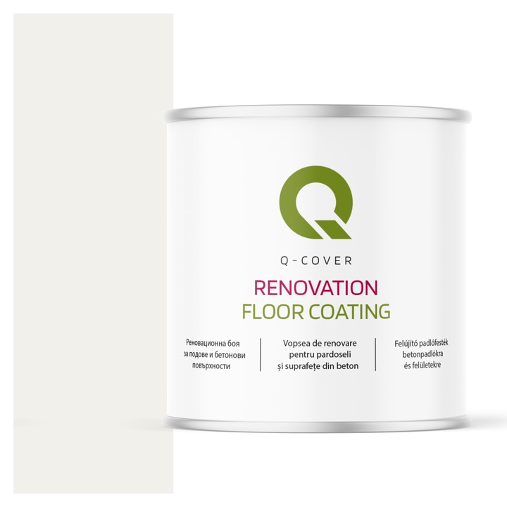 Vopsea de renovare pentru pardoseli si suprafete din beton, Q-Cover, Alb de trafic RAL9016, luciu ridicat, rezistenta la abraziune, zgarieturi si uzura, rezistenta la UV, elastica, culoare de lunga durata, 2.5L