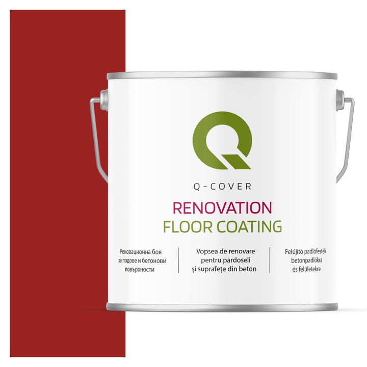 Vopsea de renovare pentru pardoseli si suprafete din beton, Q-Cover, Rosu semnalizare RAL3001, Semi-mat, rezistenta la abraziune, zgarieturi si uzura, rezistenta la UV, elastica, culoare de lunga durata, 5L