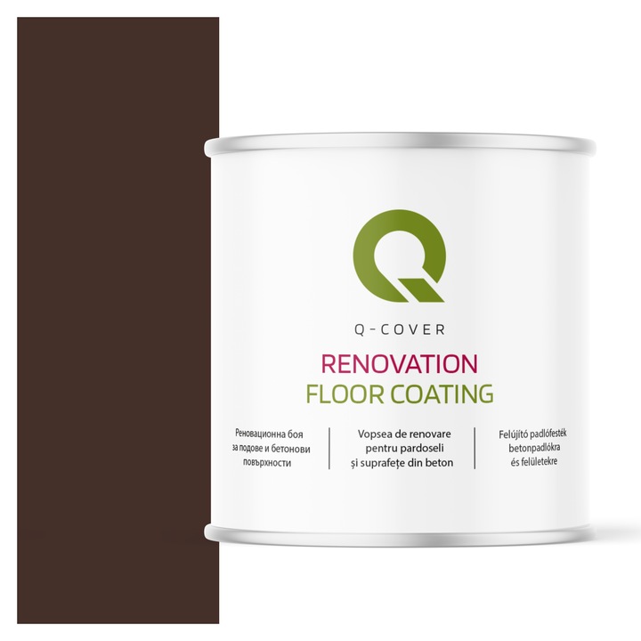 Vopsea de renovare pentru pardoseli si suprafete din beton, Q-Cover, Ciocolata maro RAL8017, luciu ridicat, rezistenta la abraziune, zgarieturi si uzura, rezistenta la UV, elastica, culoare de lunga durata, 2.5L