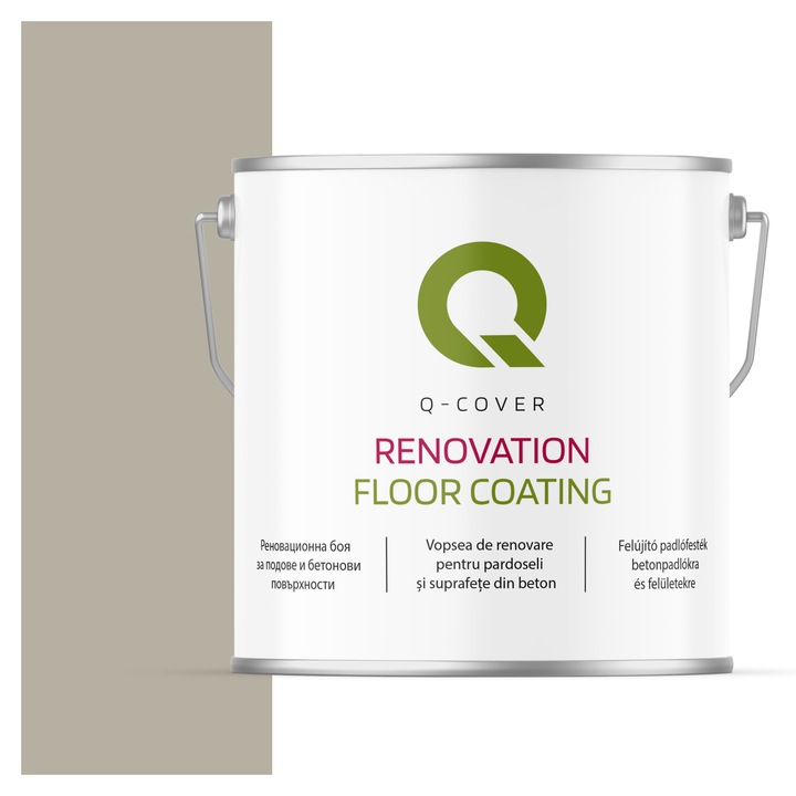 Vopsea de renovare pentru pardoseli si suprafete din beton, Q-Cover, Gri-bej RAL7032, mat, rezistenta la abraziune, zgarieturi si uzura, rezistenta la UV, elastica, culoare de lunga durata, 5L