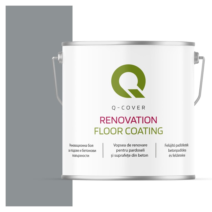 Vopsea de renovare pentru pardoseli si suprafete din beton, Q-Cover, Gri RAL7045, satin, rezistenta la abraziune, zgarieturi si uzura, rezistenta la UV, elastica, culoare de lunga durata, 5L