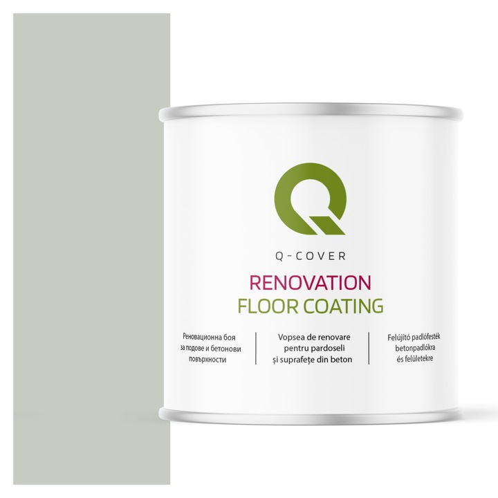 Vopsea de renovare pentru pardoseli si suprafete din beton, Q-Cover, Alb papirus RAL9018, Semi-mat, rezistenta la abraziune, zgarieturi si uzura, rezistenta la UV, elastica, culoare de lunga durata, 2.5L