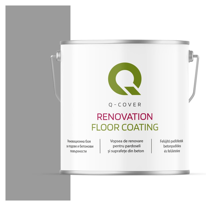 Vopsea de renovare pentru pardoseli si suprafete din beton, Q-Cover, Gri de semnalizare RAL7004, mat, rezistenta la abraziune, zgarieturi si uzura, rezistenta la UV, elastica, culoare de lunga durata, 5L