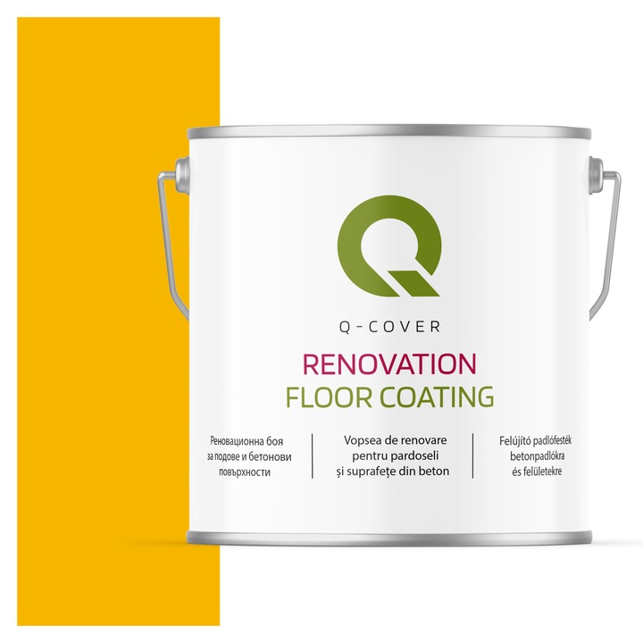 Vopsea de renovare pentru pardoseli si suprafete din beton, Q-Cover, Galben cadmiu RAL1021, luciu ridicat, rezistenta la abraziune, zgarieturi si uzura, rezistenta la UV, elastica, culoare de lunga durata, 5L