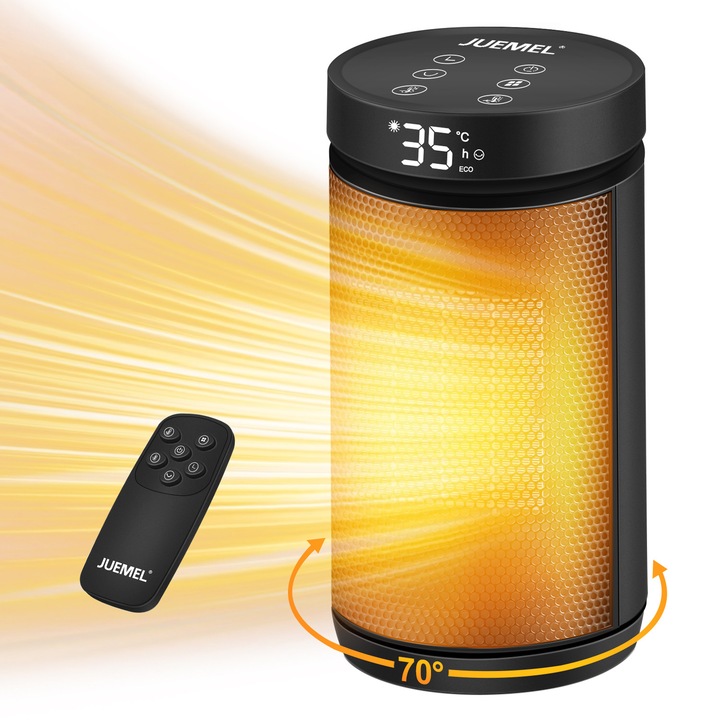 Aeroterma, JUEMEL®, 2000 W, Incalzitor ceramic, Protectie impotriva rasturnarii, Temporizator 1-12 ore, Afisaj digital, Protectie supraincalzire, Functie Oscilatie, 27*14*14cm, Negru