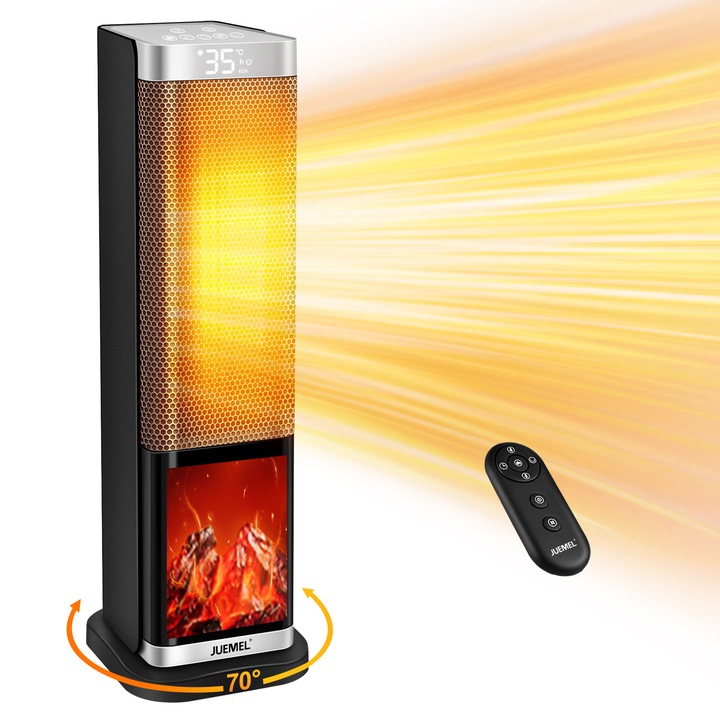 3D печка с пламък, JUEMEL®, 2000 W, керамичен нагревател, защита срещу преобръщане, дистанционно управление, таймер 1-12 часа, цифров дисплей, защита от прегряване, функция за осцилация, 57*19*16 см, сребрист