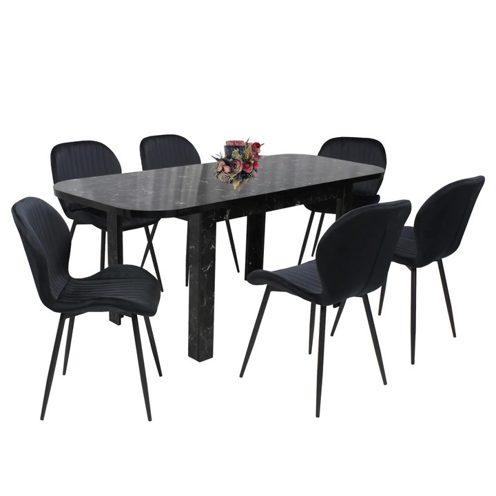 Set masa extensibila Roma Negru Marmorat cu 6 scaune Opal Negru, picioare negre, tapiterie din material textil, dreptunghiulara, blat din PAL laminat, 140x80x75 cm