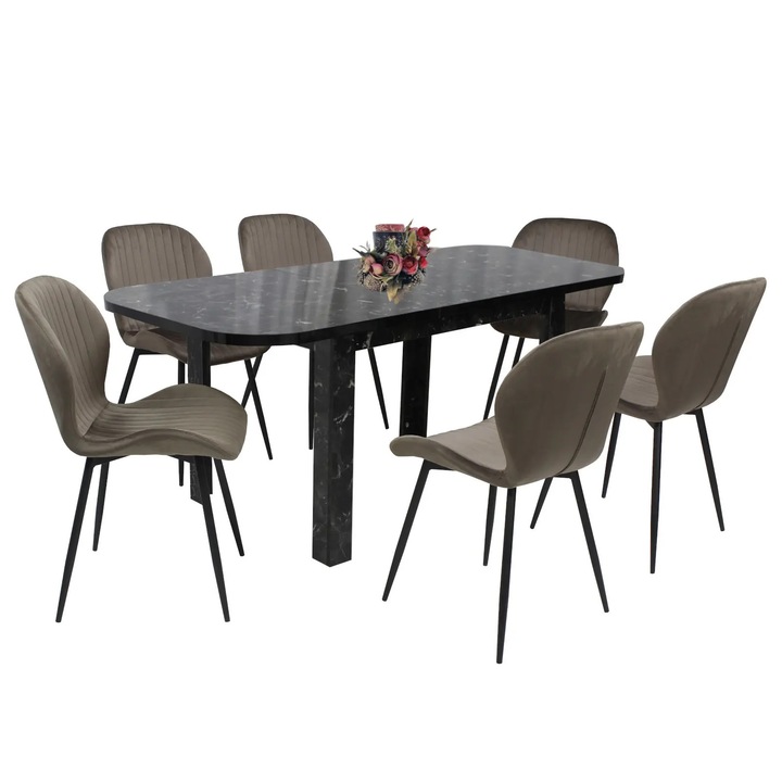 Set masa extensibila Roma Negru Marmorat cu 6 scaune Opal Maro, picioare negre, tapiterie din material textil, dreptunghiulara, blat din PAL laminat, 140x80x75 cm