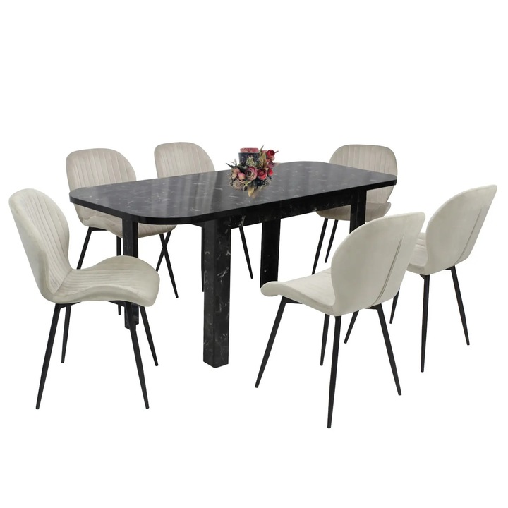 Set masa extensibila Roma Negru Marmorat cu 6 scaune Opal Capucino, picioare negre, tapiterie din material textil, dreptunghiulara, blat din PAL laminat, 140x80x75 cm