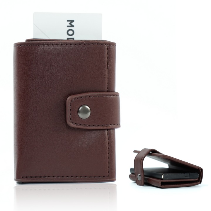 Кожен портфейл Solier SW38 с метален картодържател и закопчаване с тик-так, кафяв, 7.5x9.5x2.5 см