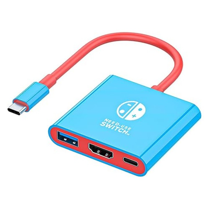 Statie de docare 3 in 1 pentru Nintendo Switch, 4K@60Hz, compacta, port USB-C, culoare albastru/rosu, dimensiuni 6x5,4x1,3cm