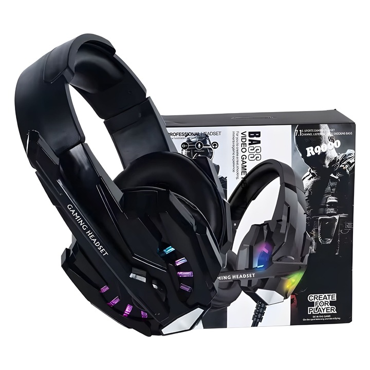 Gamer headset 7.1 surround, állítható mikrofon, RGB világítás, 3,5 mm, 40 mm, fekete