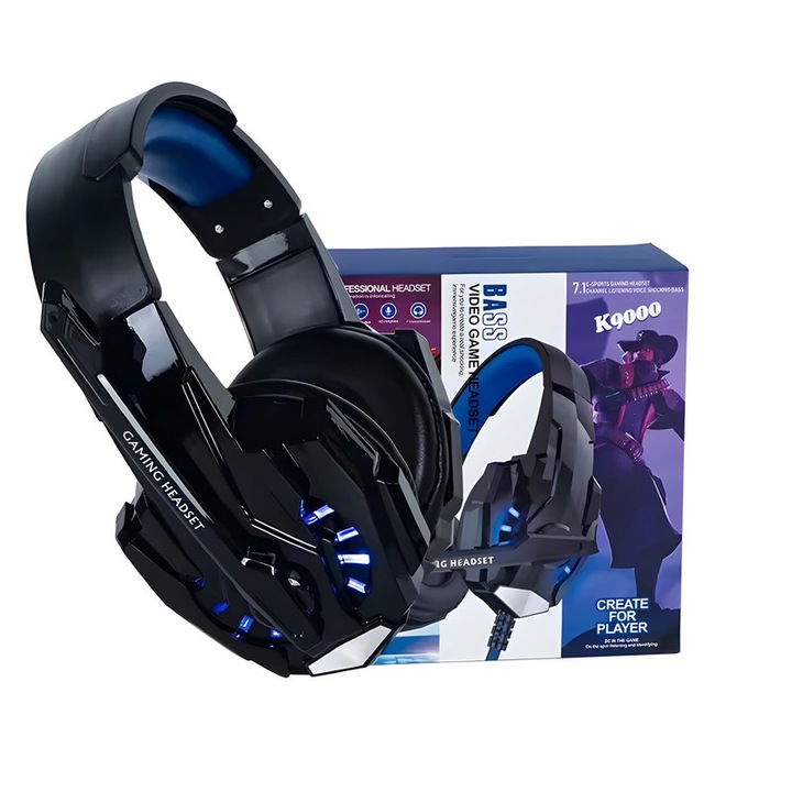 Gamer headset, 7.1 surround HD, zajszűrős mikrofon, RGB világítás, PC-vel, PS4-gyel, Xbox-cal kompatibilis, 40 mm