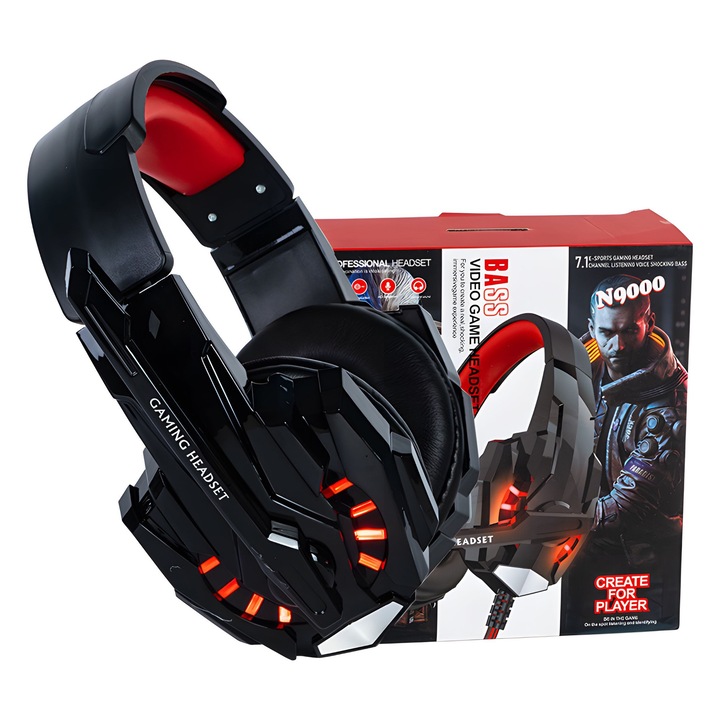 Gamer headset, 7.1 surround HD, mély basszus, mikrofonnal, RGB világítással, PC-vel, PS4-gyel, Xbox-cal kompatibilis, 40 mm