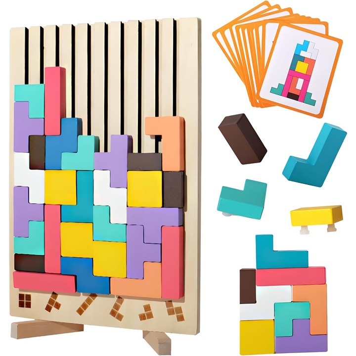 Дървен тетрис пъзел, образователни играчки, Монтесори игри за 3 4 5 6 години, пъзел за интелигентност, играчка за мозъка, цветен, геометрични тетрис блокове, подарък за деца
