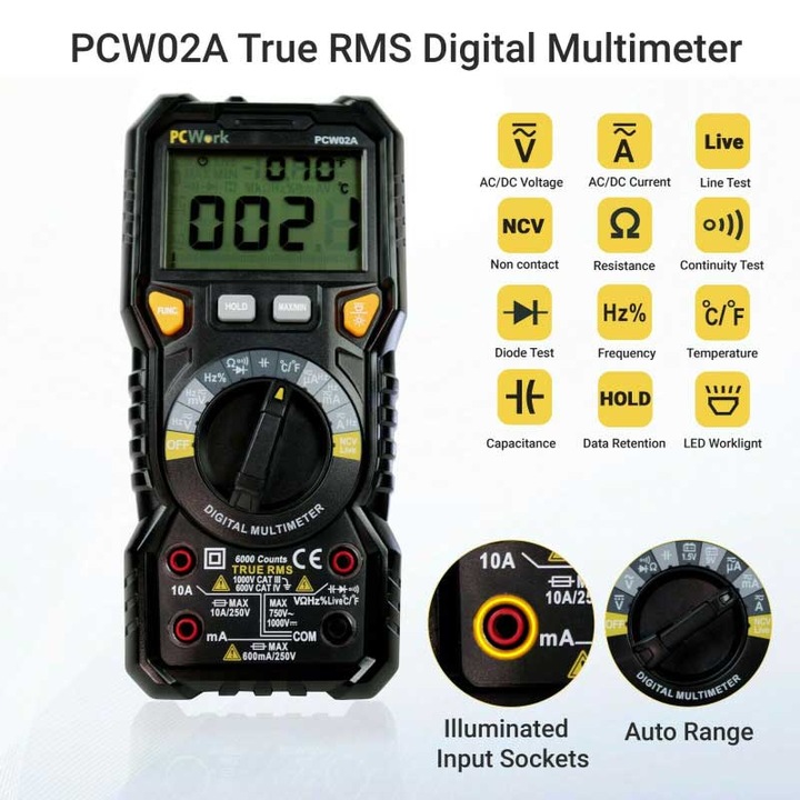 Digitális multiméter, valódi RMS NCV hőmérsékletmérővel, PCW02A