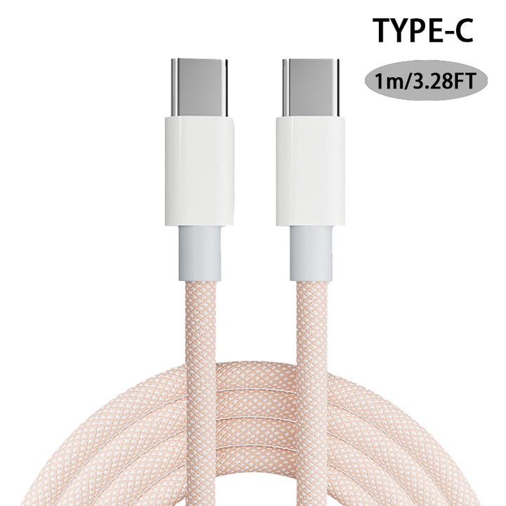 Cablu de incarcare date, de la Type-C la Type-C, incarcare rapida, compatibil cu telefoane mobile, tablete, laptopuri, 1m, roz