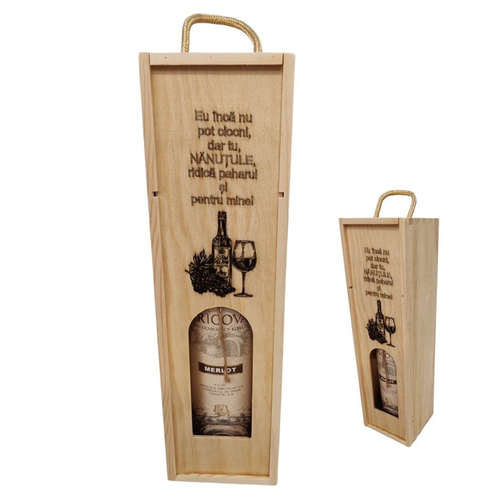 Set cutie personalizata din lemn+sticla de vin, eu inca nu pot ciocni, dar tu, nanutule, ridica paharul si pentru mine