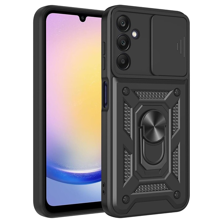 Калъф за Samsung Galaxy A17 Ring Armor Kickstand Tough Rugged Cover с защита на камерата, черен