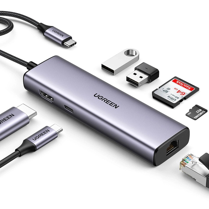 USB-C elosztó, UGREEN, 7 az 1-ben, 2x USB, HDMI 4K, RJ45, 100W