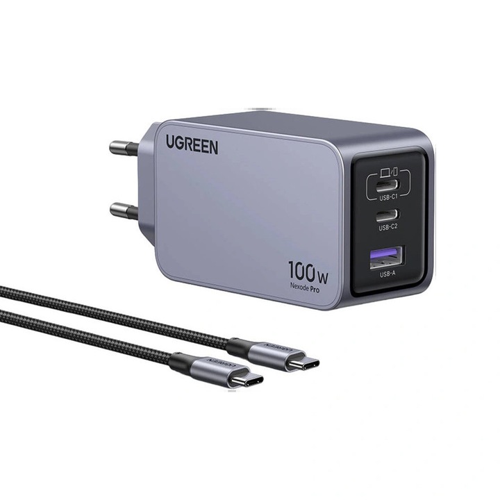 USB зарядно, Type-C, GaN, 100W, 3A, QC4.0+, PD3.0, D79, Силикон, Ugreen Nexode Pro X757 25874, D79, Силикон, Сив