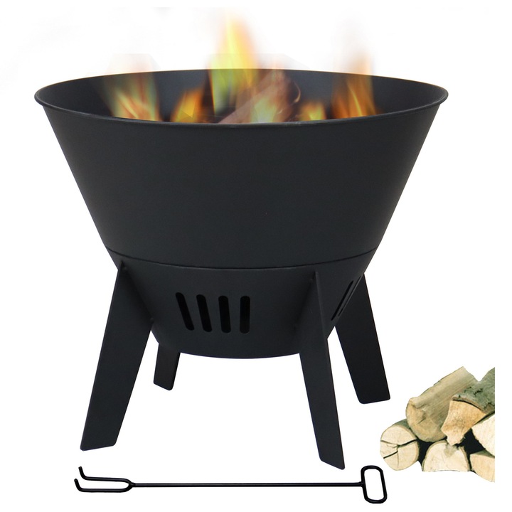 Focar de gradina, Artnico, Gardfue, 51.5x51.5x42.5 cm, 7.5 kg, otel acoperit cu pulbere, anticoroziv, negru, set cu elemente de montare, poker, manual de utilizare, ambalaj original, grosimea peretelui de 1 mm, semineu exterior