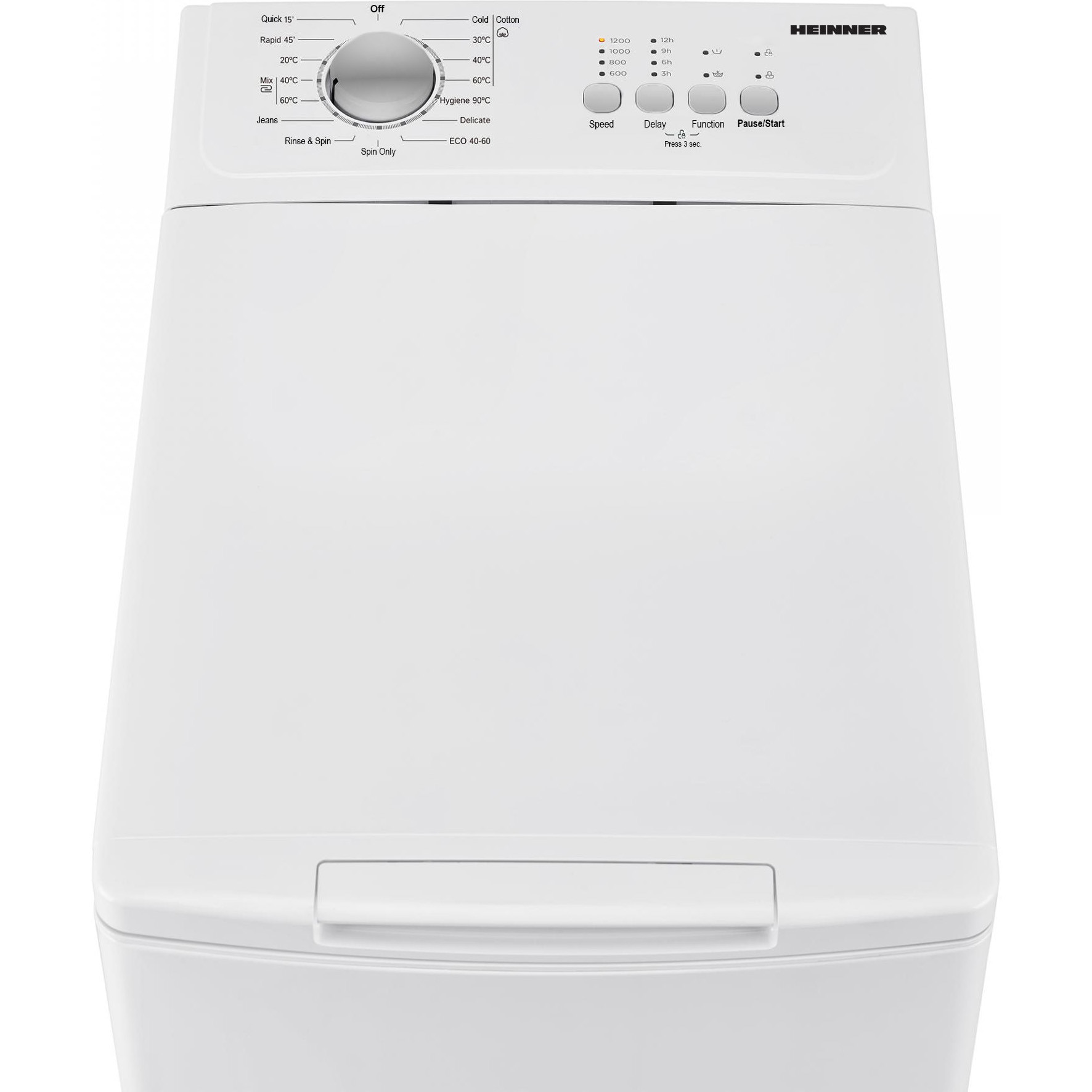 Masina de spalat rufe cu incarcare verticala Heinner HWM-TL7012C++, 7kg, 1200rpm, clasa C, 15 programe, display LED, program rapid 15min, program scurt 45min, program hygiene 90°c, program delicate, clatire suplimentara, fin