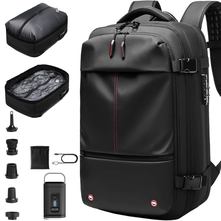 Вакуумна раница за пътуване, PsAyl, разширяем капацитет 60 л, водоустойчива, против кражба, 49x32x20 см, с помпа, черна