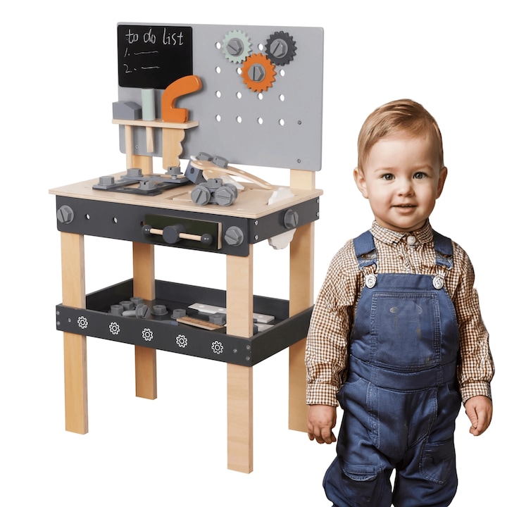 Banc de Lucru Multifunctional din Lemn pentru Copii Play & Build Indiggo®, Include Unelte din Lemn, Suruburi, Piulite, Rotite Dintate si Placi de Asamblare, Inaltime 77 cm, Perfect pentru Joc de Rol, 3+ Ani, Wooden Grey