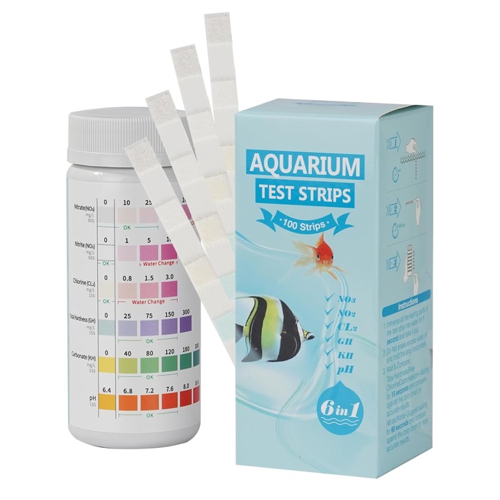 Test apa, PsAyl®, 100 Benzi de testare 6 in 1, pentru Acvariu pentru Testarea PH, Nitrit, Nitrat, Clor, Duritate Generala si Carbonat, cu Apa Sarata si Apa Dulce