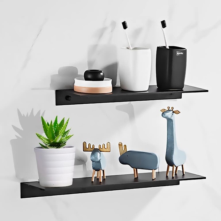 Set 2 etajere pentru dus din aluminiu, fara gaurire – Organizator pentru baie, bucatarie si alte spatii, 30x12x4 cm & 40x12x4 cm, Rezistente la Rugina, Montaj cu Adeziv, Finisaj Mat, Negru