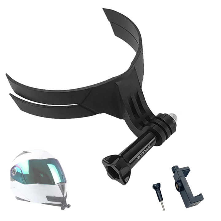 Suport de montare pentru camera de actiune, ZOUN, compatibil cu casti de motocicleta si biciclete, adeziv 3M, include clema pentru telefon, universal, negru